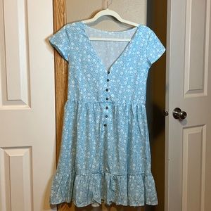 Sky Blue Floral Pattern Button Ruffled Mini Dress NWT #222
